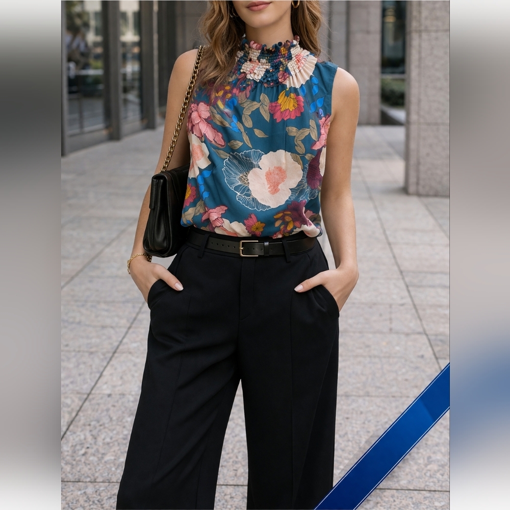 Monteau Floral Mock Neck Sleeveless Blouse | Feminine Chic Workwear Top